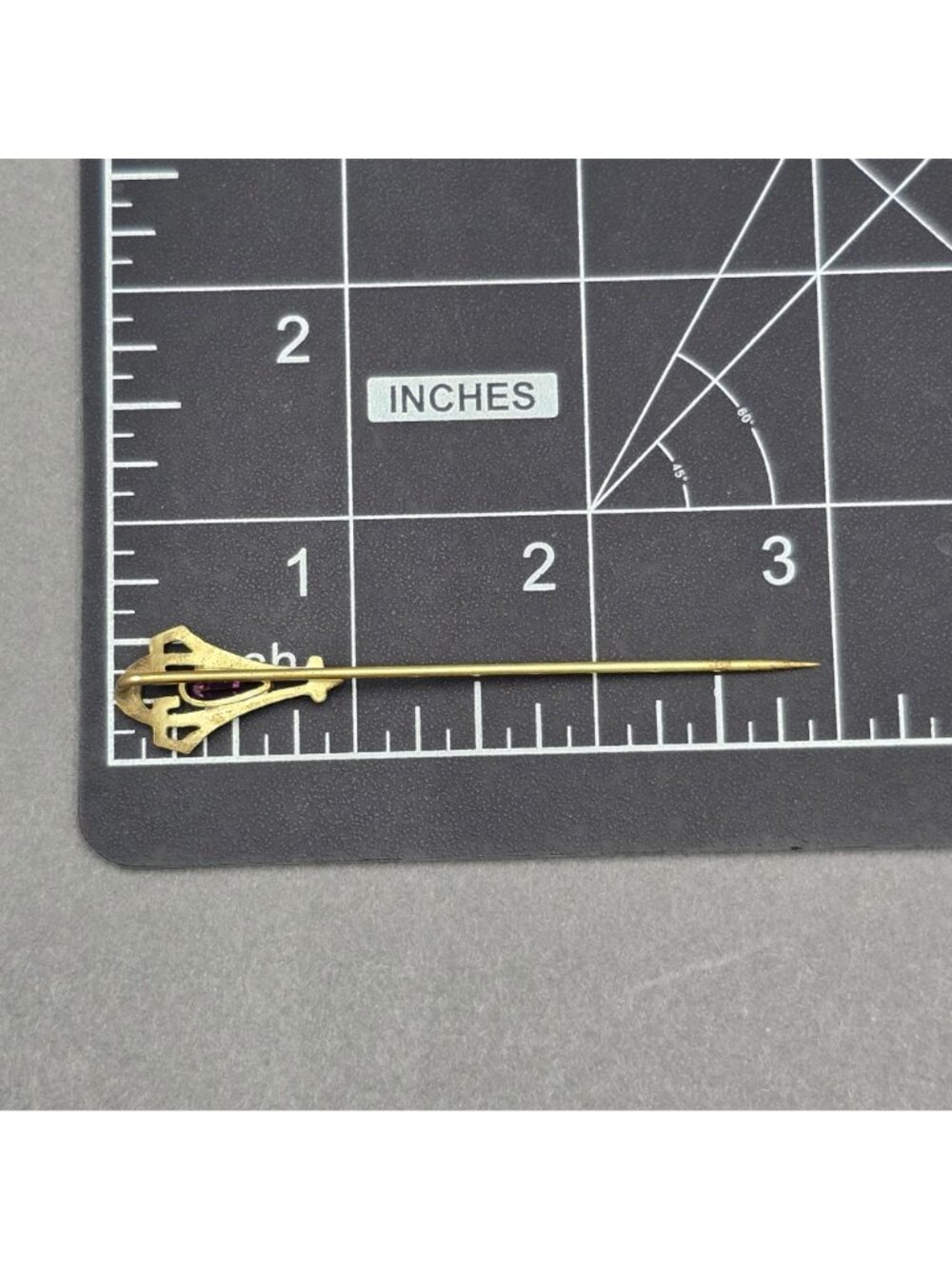 Vintage Art Deco Gold Tone Purple Glass Stick Pin 3" Geometric Lapel Tie - Picture 6 of 10
